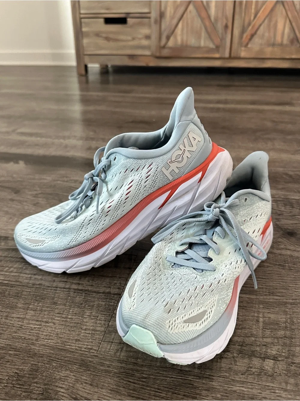Hoka Women's Pale Blue Running Sneakers with Coral Accent